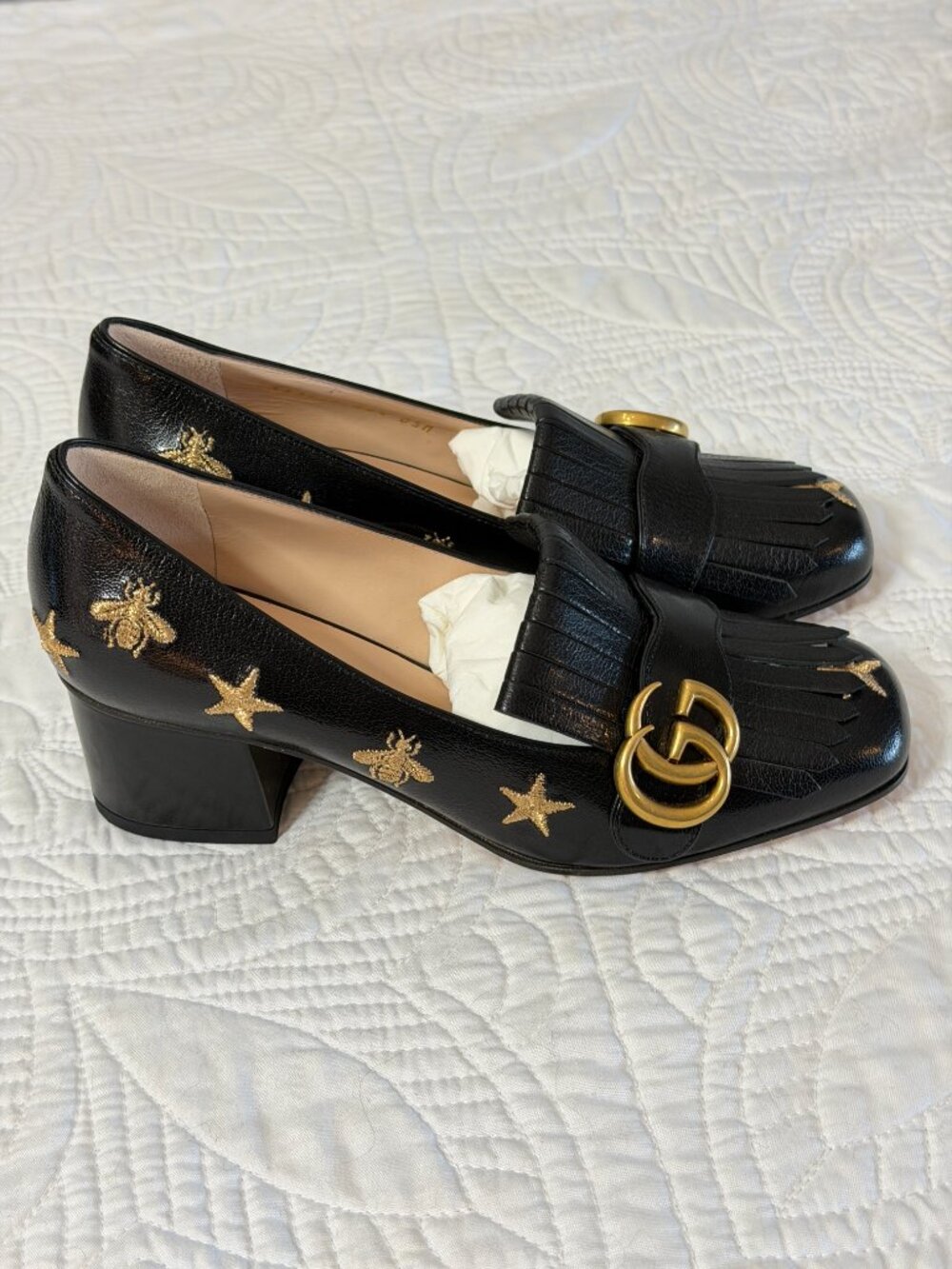 Women’s Gucci GG Marmont Black Leather Fringed Mid Heel Loafer Shoes, Size 36.5